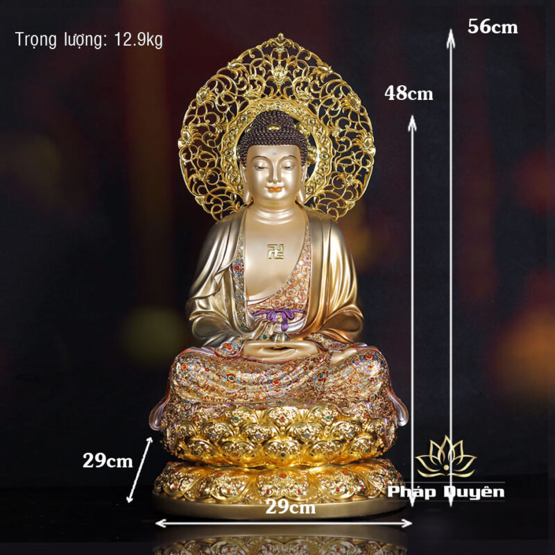 Tượng Bổn Sư Thích Ca Ngồi, Bằng Đồng Men Cổ Viền Vàng Mẫn Bảo, Cao 48cm (Tổng Lá Đề 56cm) - Ảnh 5