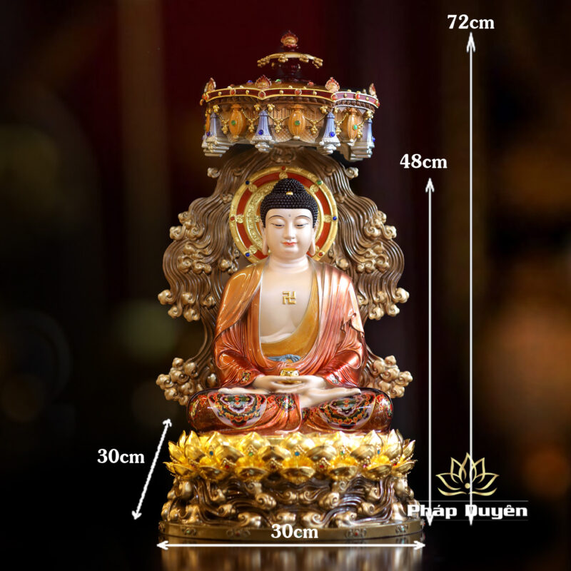 Tượng Bổn Sư Thích Ca Ngồi Đế Sen Non Nước Vẽ Sơn Cao Cấp, Có Lọng Che, Bằng Đồng, Cao 48cm (Cao Đến Lá 72cm) - Ảnh 7