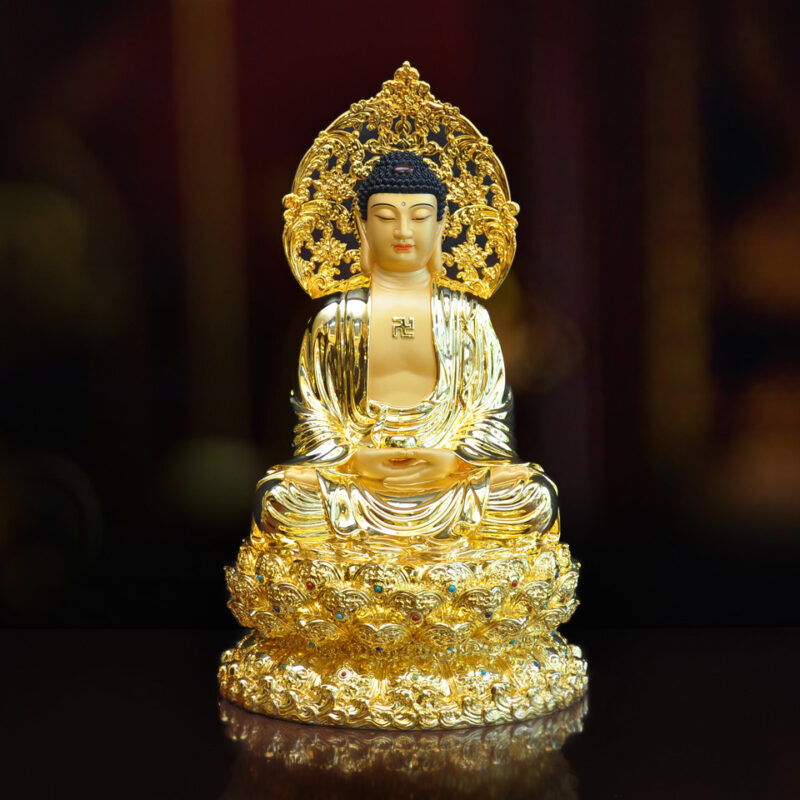 Tượng Thích Ca Mâu Ni Ngồi, Kiểu 3 Dát Vàng Ấn Bảo, Cao 40cm (Tổng Lá Đề 48cm)