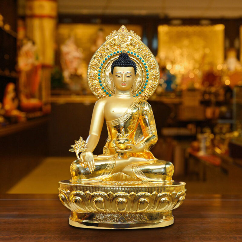Tượng Phật Dược Sư Ngồi Bằng Đồng Dát Vàng, Cao 128cm (Tổng Lá Đề 150cm)
