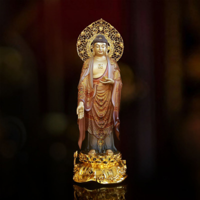 Tượng A Di Đà Đứng Đế Non Nước, Sơn Vẽ Gấm Bột Vàng Cao 66cm (Tổng Lá Đề 78cm)