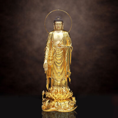 Tượng Phật A Di Đà Đứng Đài Sen Có Hào Quang, Đồng Mạ Vàng 998, Tượng Cao 88cm (Tổng Cao 96cm)
