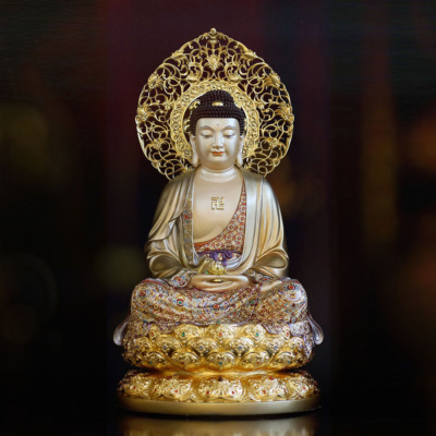 Tượng A Di Đà Ngồi, Bằng Đồng Men Cổ Viền Vàng Mẫn Bảo, Cao 48cm (Tổng Lá Đề 55cm)