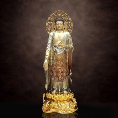 Tượng A Di Đà Đứng Đài Sen Có Lá Đề, Bằng Đồng Sơn Cổ, Tượng Cao 88cm (Tổng Cao 96cm)