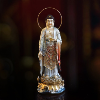 Tượng A Di Đà Đứng, Bằng Đồng Sơn Men Cổ, Cao 48cm (Tổng Lá Đề 53cm)