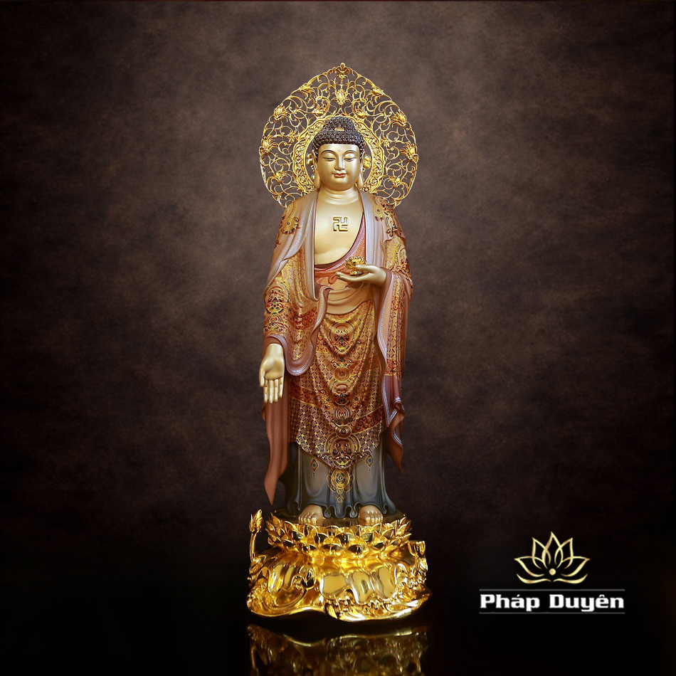 Tượng A Di Đà Đứng Đế Non Nước, Sơn Vẽ Gấm Bột Vàng Cao 66cm (Tổng Lá Đề 78cm) - ảnh 5