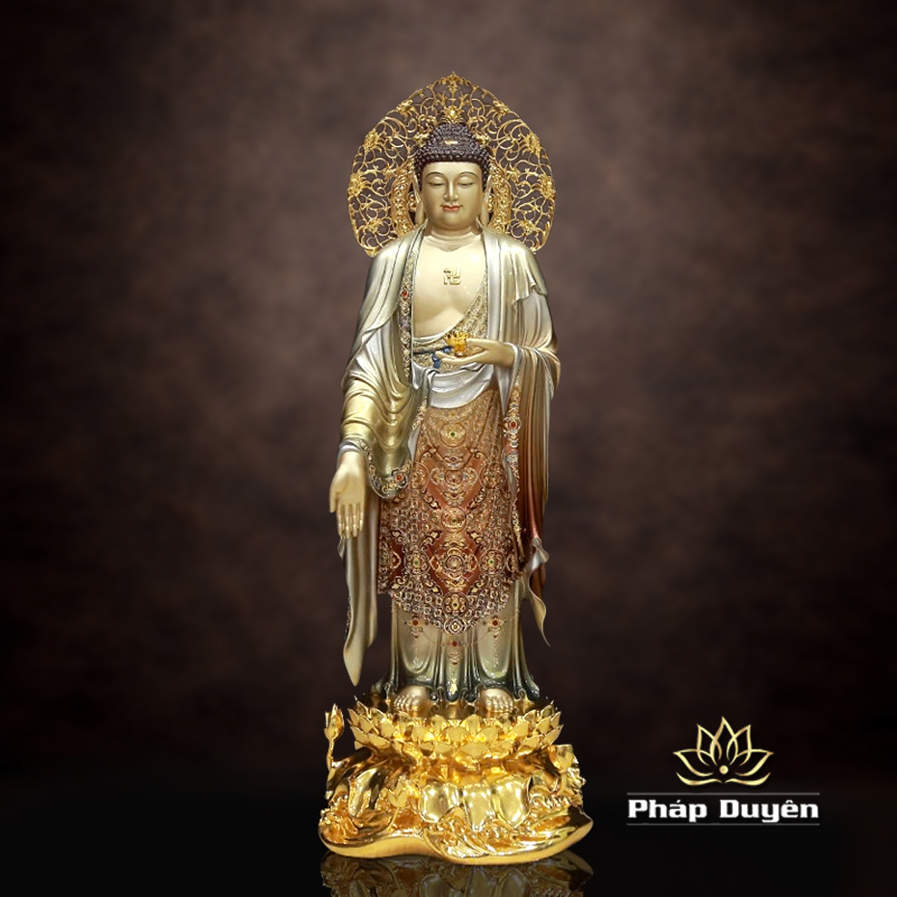Tượng A Di Đà Đứng Đài Sen Có Lá Đề, Bằng Đồng Sơn Cổ, Tượng Cao 88cm (Tổng Cao 96cm) - ảnh 5