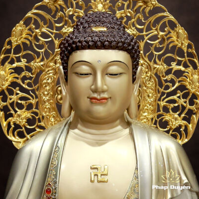 Alternative view of Tượng A Di Đà Đứng Đài Sen Có Lá Đề, Bằng Đồng Sơn Cổ, Tượng Cao 88cm (Tổng Cao 96cm)