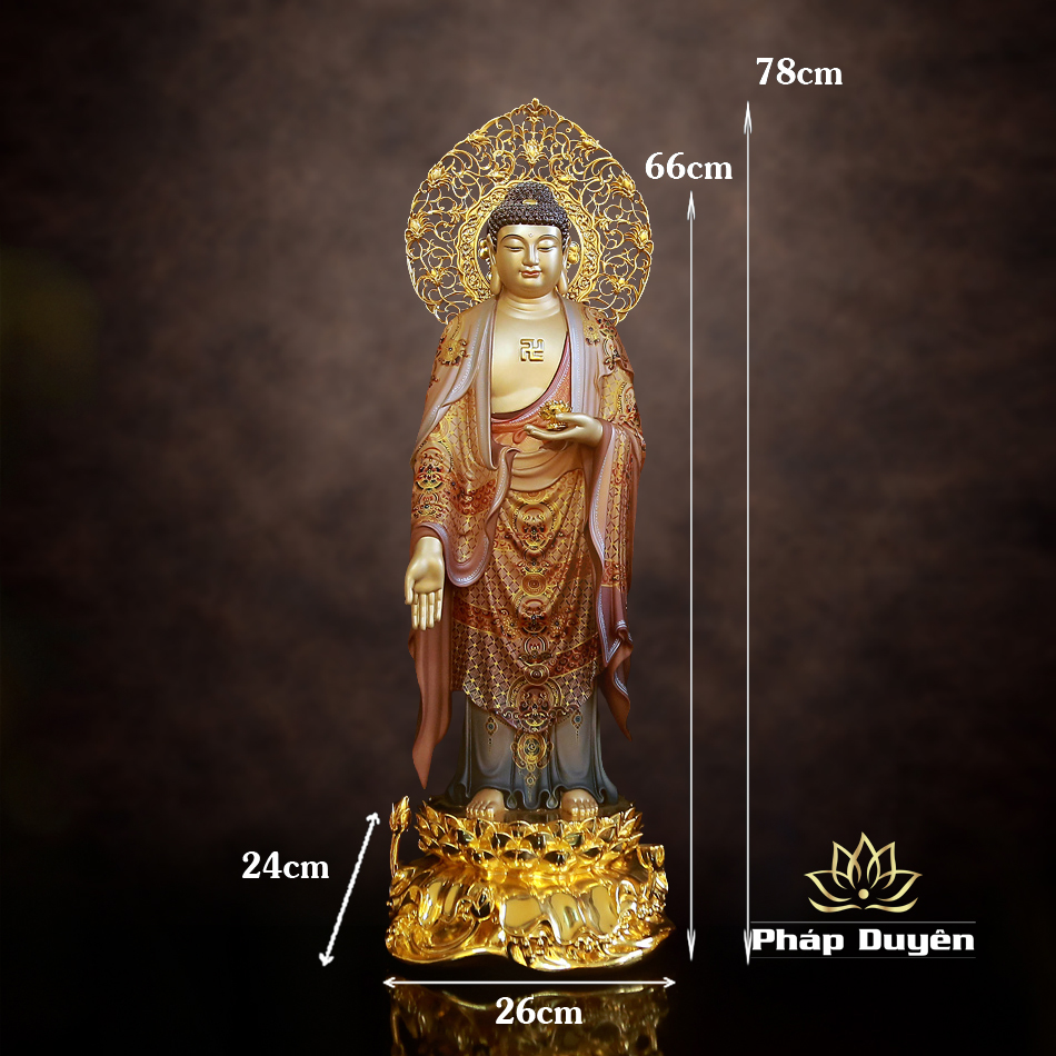 Tượng A Di Đà Đứng Đế Non Nước, Sơn Vẽ Gấm Bột Vàng Cao 66cm (Tổng Lá Đề 78cm) - ảnh 10