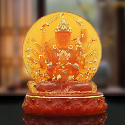 Tượng Bồ Tát Chuẩn Đề Lưu Ly Vàng Hoạ Tiết Dát Vàng 998, Cao 25cm