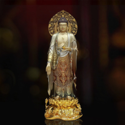 Tượng A Di Đà Đứng Đài Sen Có Lá Đề, Bằng Đồng Sơn Cổ, Tượng Cao 88cm (Tổng Cao 96cm)