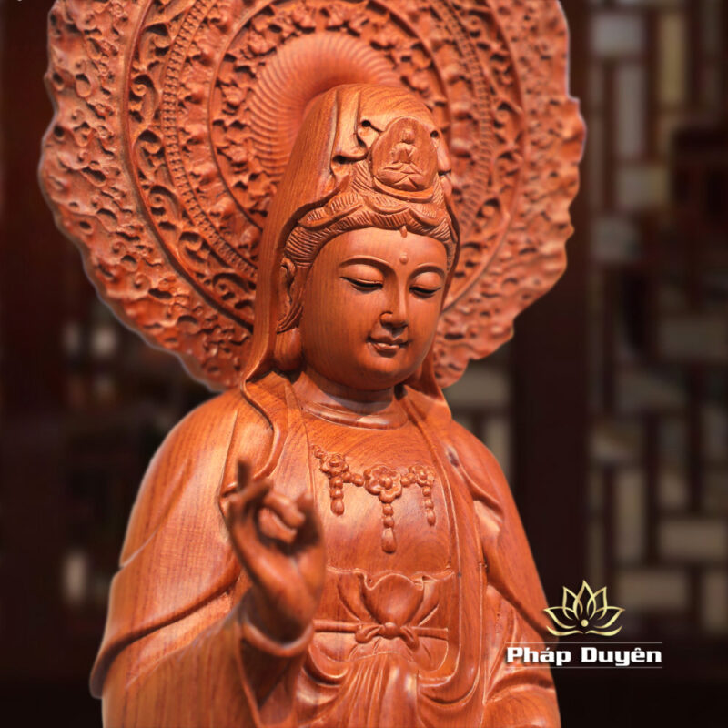 Bộ Tượng Tây Phương Tam Thánh Đứng, Bằng Gỗ Hương, Cao 50cm (Tổng Lá Đề 63cm) - Ảnh 9