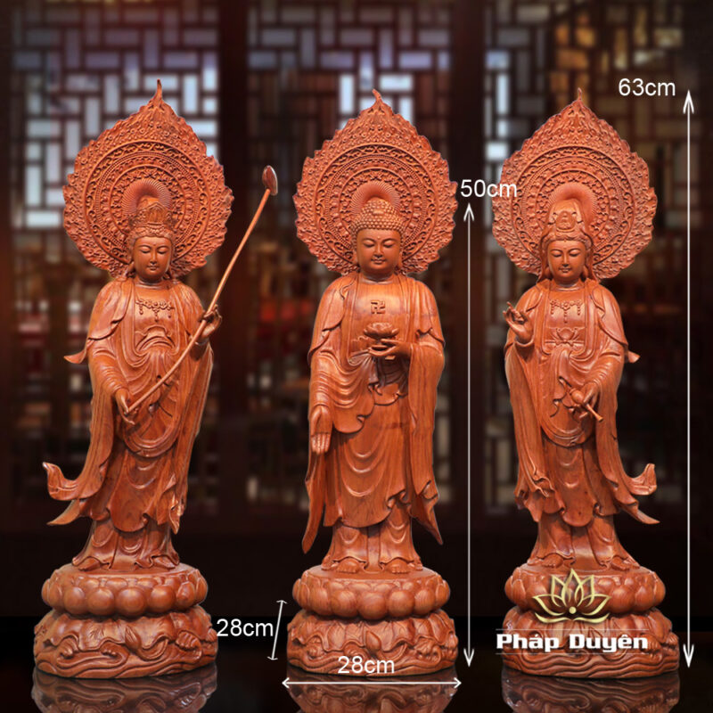 Bộ Tượng Tây Phương Tam Thánh Đứng, Bằng Gỗ Hương, Cao 50cm (Tổng Lá Đề 63cm) - Ảnh 17