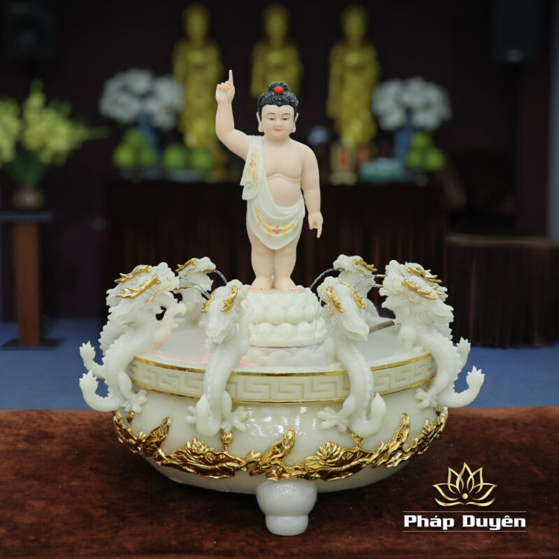 Chậu Tắm Phật Cửu Long Bằng Bột Đá Thạch Ngọc Viền Vàng, Kích Thước 33x60cm, 40x75cm (Chưa Có Tượng) - Ảnh 6