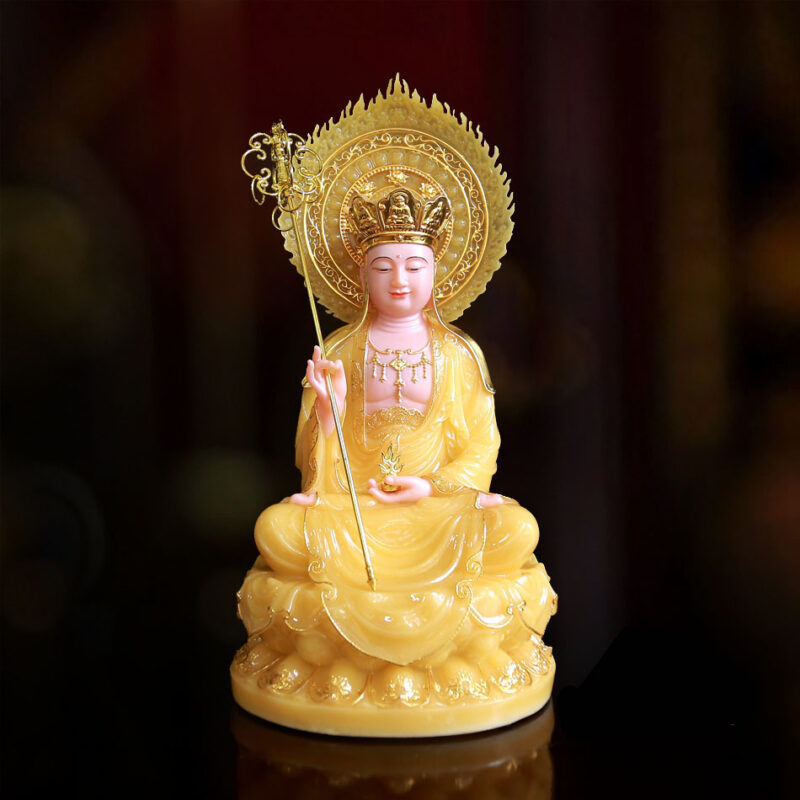 Tượng Địa Tạng Ngồi Đài Sen Bằng Bột Đá Thạch Anh Viền Vàng, Có Lá Đề, Cao 48cm