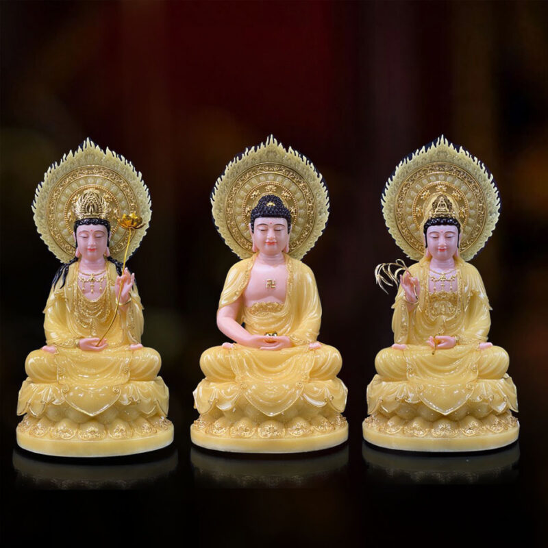 Bộ Tượng Tây Phương Tam Thánh Ngồi, Bằng Bột Đá Thạch Anh Viền Vàng, Cao 48cm (Tổng Lá Đề 52cm)