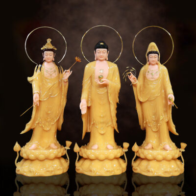 Bộ Tượng Tây Phương Tam Thánh Đứng Bằng Bột Đá Thạch Anh Viền Vàng, Cao 90cm