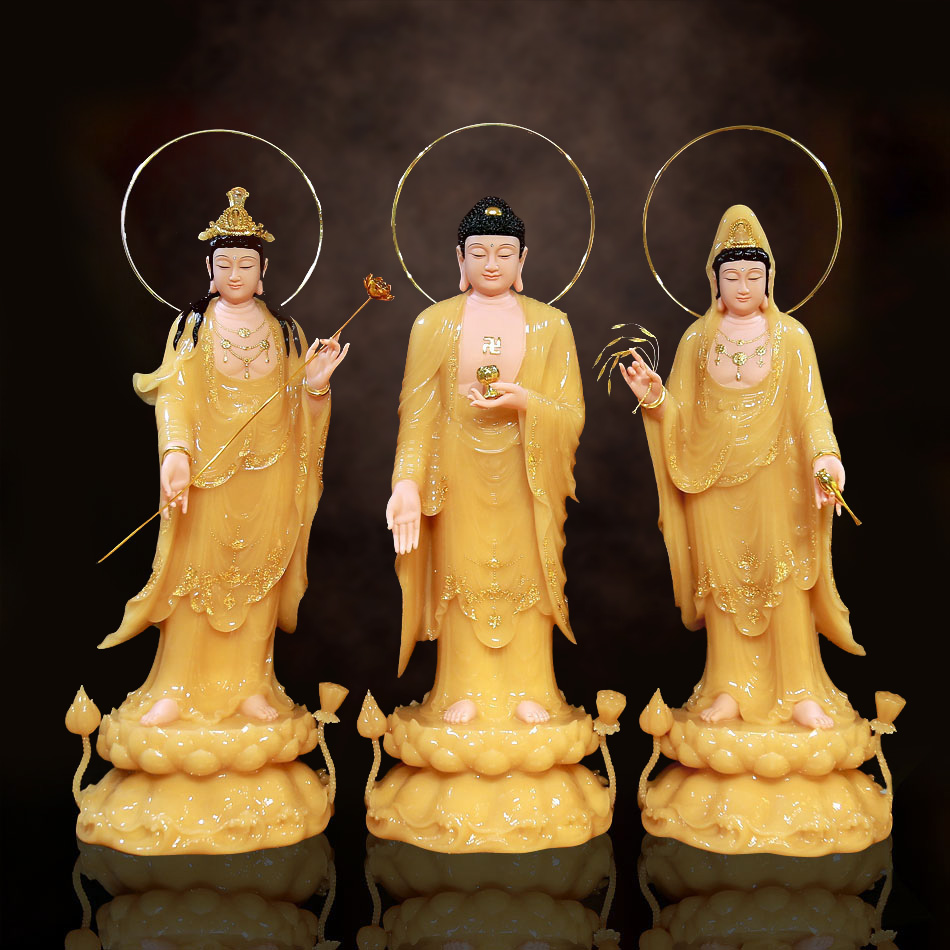 Bộ Tượng Tây Phương Tam Thánh Đứng Bằng Bột Đá Thạch Anh Viền Vàng, Cao 90cm - ảnh 21