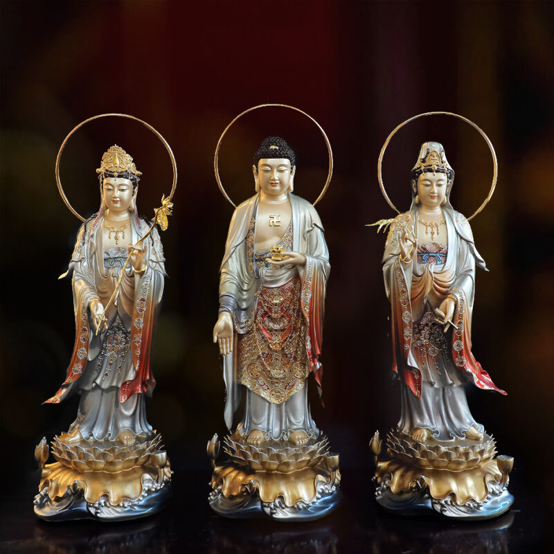 Bộ Tượng Tây Phương Tam Thánh Đứng, Bằng Đồng Men Cổ, Cao 48cm (Tổng Lá Đề 53cm)