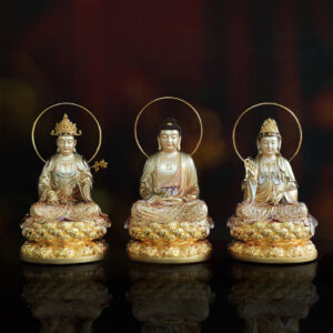 Bộ Tượng Tây Phương Tam Thánh Ngồi, Bằng Đồng Sơn Men Cổ Mẫn Bảo, Cao 40cm (Có Hào Quang)