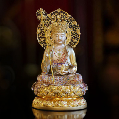 Tượng Địa Tạng Bồ Tát, Chất Liệu Đồng Sơn Men Cổ, Cao 66cm (Tổng Lá Đề 80cm)