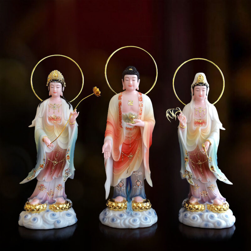 Bộ Tây Phương Tam Thánh Đứng Đài Sen Sơn Phú Quý Áo Đỏ Bằng Bột Đá, Cao 66cm