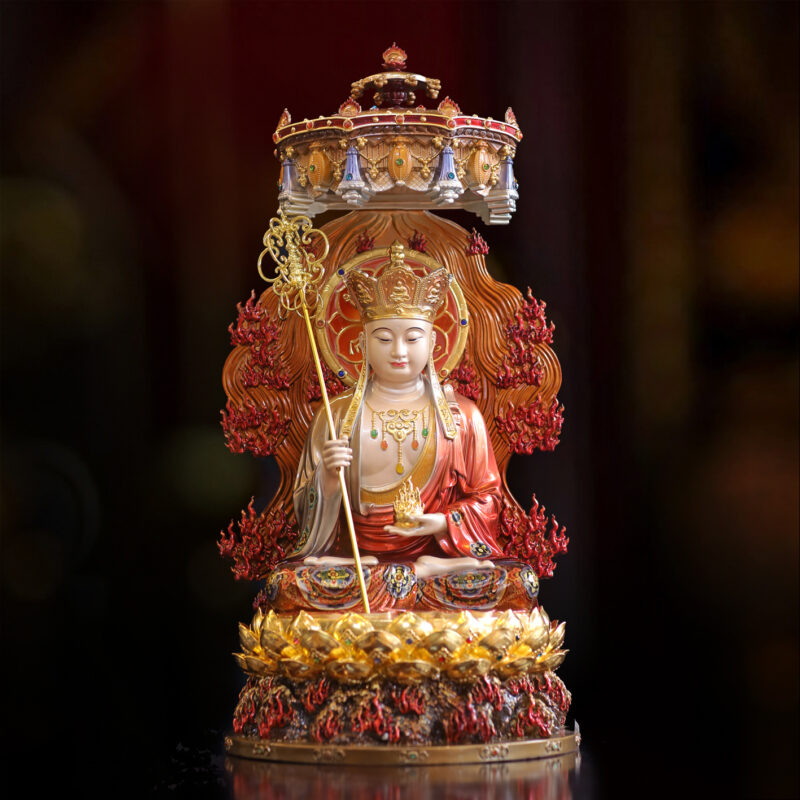 Tượng Địa Tạng Bồ Tát Ngồi Đế Sen Non Nước Vẽ Sơn Cao Cấp, Có Lọng Che, Bằng Đồng, Cao 48cm (Cao Đến Lá 72cm)