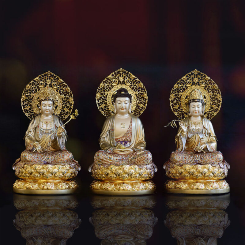 Bộ Tượng Tây Phương Tam Thánh ngồi, Bằng Đồng Men Cổ Viền Vàng Mẫn Bảo, Cao 48cm (Tổng Lá Đề 55cm)