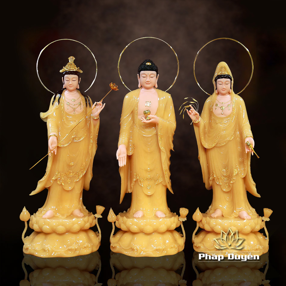 Bộ Tượng Tây Phương Tam Thánh Đứng Bằng Bột Đá Thạch Anh Viền Vàng, Cao 90cm - ảnh 22