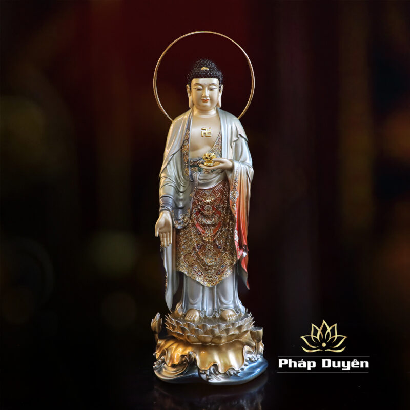 Bộ Tượng Tây Phương Tam Thánh Đứng, Bằng Đồng Men Cổ, Cao 48cm (Tổng Lá Đề 53cm) - Ảnh 2