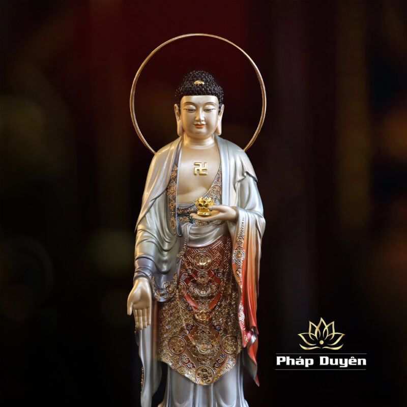Bộ Tượng Tây Phương Tam Thánh Đứng, Bằng Đồng Men Cổ, Cao 48cm (Tổng Lá Đề 53cm) - Ảnh 5