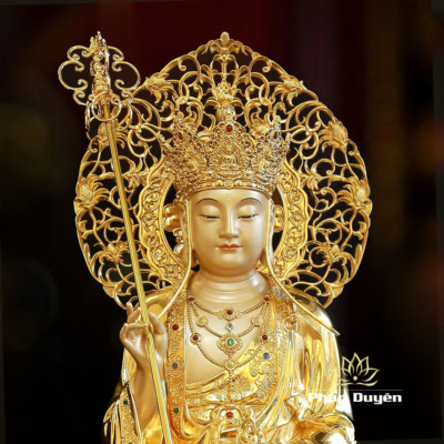Alternative view of Tượng Địa Tạng Ngồi Đồng, Có Hào Quang Dát Vàng Ấn Bảo, Cao 66cm (Tổng Lá Đề 80cm)