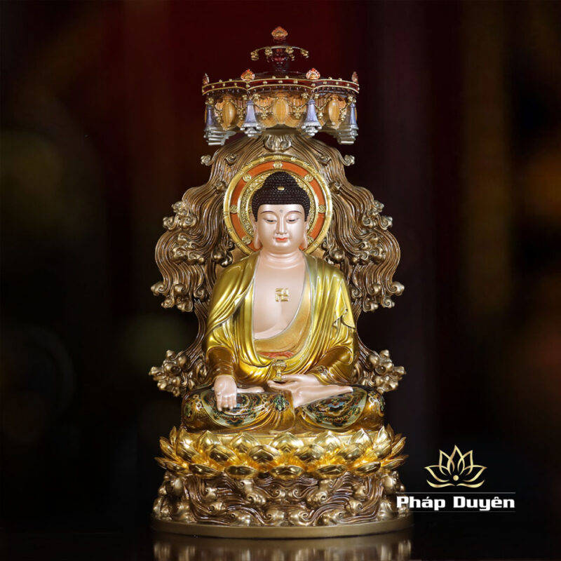 Bộ Tượng Tây Phương Tam Thánh Ngồi Non Nước, Bằng Đồng, Có Lọng Che, Cao 40cm (Tổng Lá Đề 58cm) - Ảnh 2