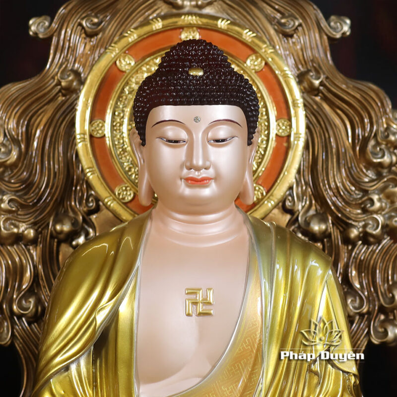 Bộ Tượng Tây Phương Tam Thánh Ngồi Non Nước, Bằng Đồng, Có Lọng Che, Cao 40cm (Tổng Lá Đề 58cm) - Ảnh 3