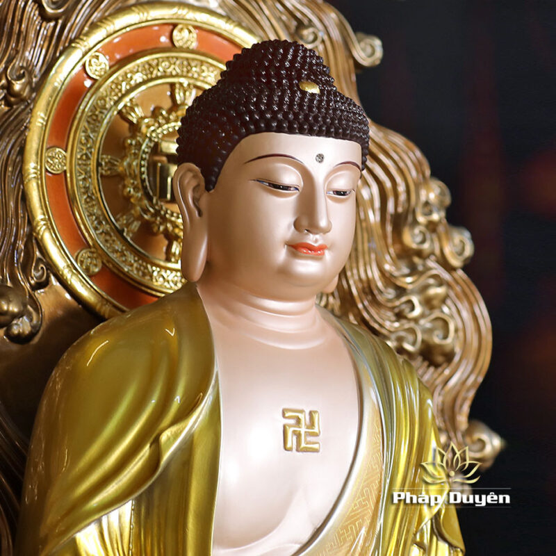 Bộ Tượng Tây Phương Tam Thánh Ngồi Non Nước, Bằng Đồng, Có Lọng Che, Cao 40cm (Tổng Lá Đề 58cm) - Ảnh 4