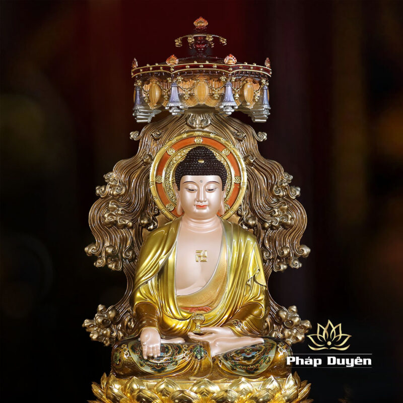Bộ Tượng Tây Phương Tam Thánh Ngồi Non Nước, Bằng Đồng, Có Lọng Che, Cao 40cm (Tổng Lá Đề 58cm) - Ảnh 5