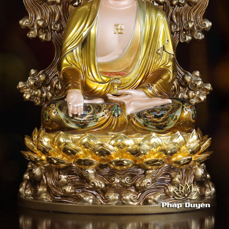 Bộ Tượng Tây Phương Tam Thánh Ngồi Non Nước, Bằng Đồng, Có Lọng Che, Cao 40cm (Tổng Lá Đề 58cm) - Ảnh 6