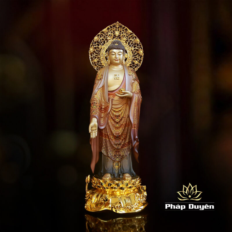 Bộ Tượng Tây Phương Tam Thánh Đứng, Bằng Đồng Vẽ Gấm Cao 66cm (Tổng Lá Đề 78cm) - Ảnh 2