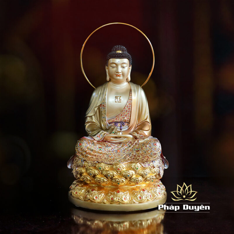 Bộ Tượng Tây Phương Tam Thánh Ngồi, Bằng Đồng Sơn Men Cổ Mẫn Bảo, Cao 40cm (Có Hào Quang) - Ảnh 2