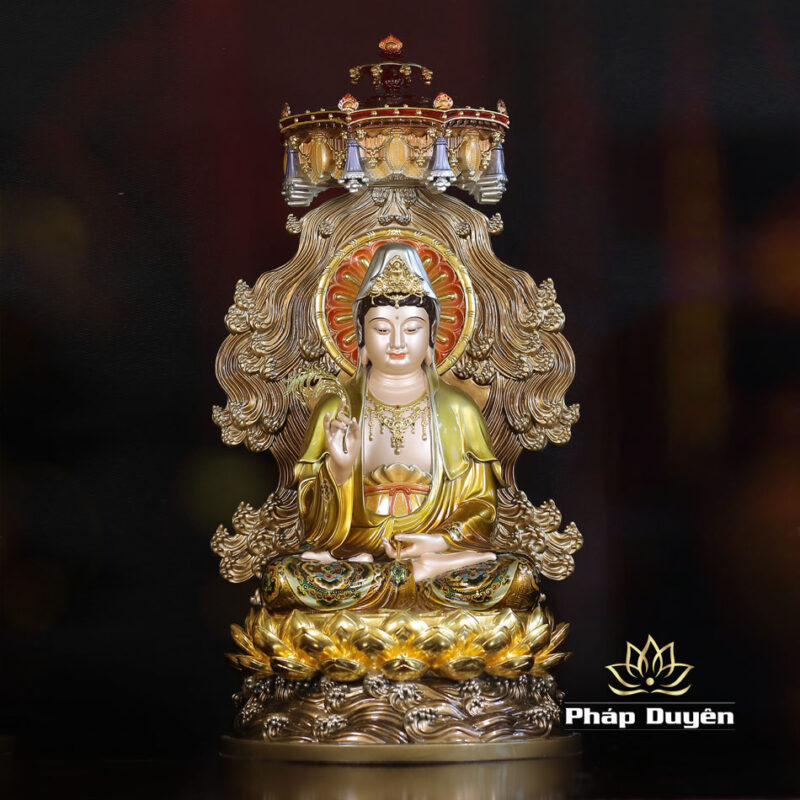 Bộ Tượng Tây Phương Tam Thánh Ngồi Non Nước, Bằng Đồng, Có Lọng Che, Cao 40cm (Tổng Lá Đề 58cm) - Ảnh 7