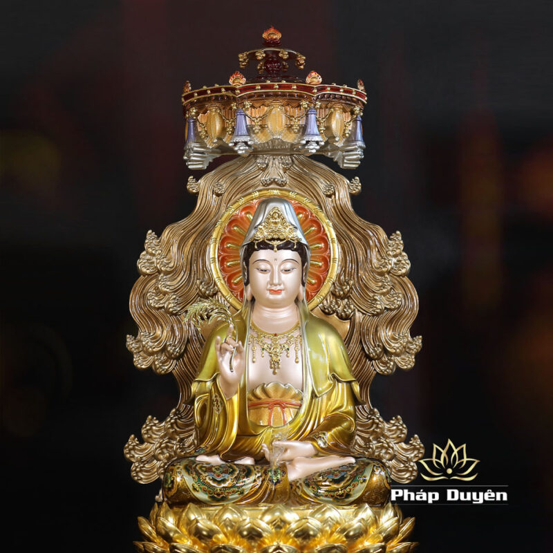 Bộ Tượng Tây Phương Tam Thánh Ngồi Non Nước, Bằng Đồng, Có Lọng Che, Cao 40cm (Tổng Lá Đề 58cm) - Ảnh 10