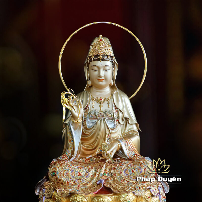 Bộ Tượng Tây Phương Tam Thánh Ngồi, Bằng Đồng Sơn Men Cổ Mẫn Bảo, Cao 40cm (Có Hào Quang) - Ảnh 11