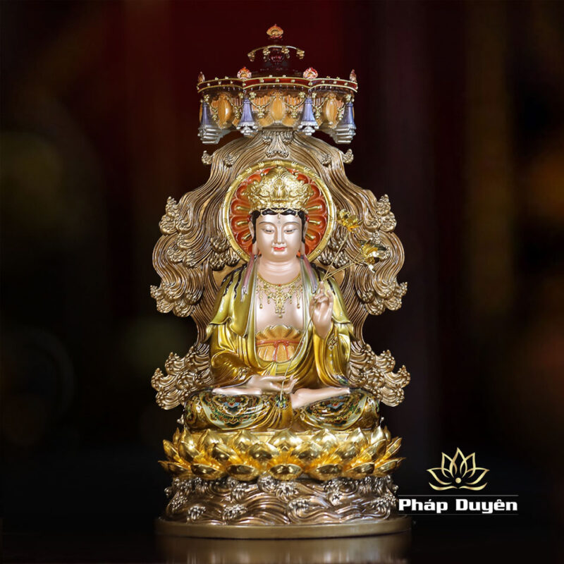Bộ Tượng Tây Phương Tam Thánh Ngồi Non Nước, Bằng Đồng, Có Lọng Che, Cao 40cm (Tổng Lá Đề 58cm) - Ảnh 12