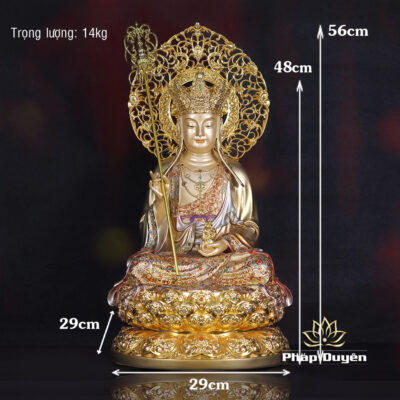 Tượng Địa Tạng Vương Bằng Đồng, Sơn Men Cổ Mẫn Bảo, Có Lá Đề, Cao 30-48cm