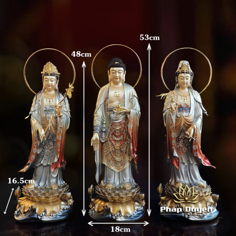 Bộ Tượng Tây Phương Tam Thánh Đứng, Bằng Đồng Men Cổ, Cao 48cm (Tổng Lá Đề 53cm) - Ảnh 25