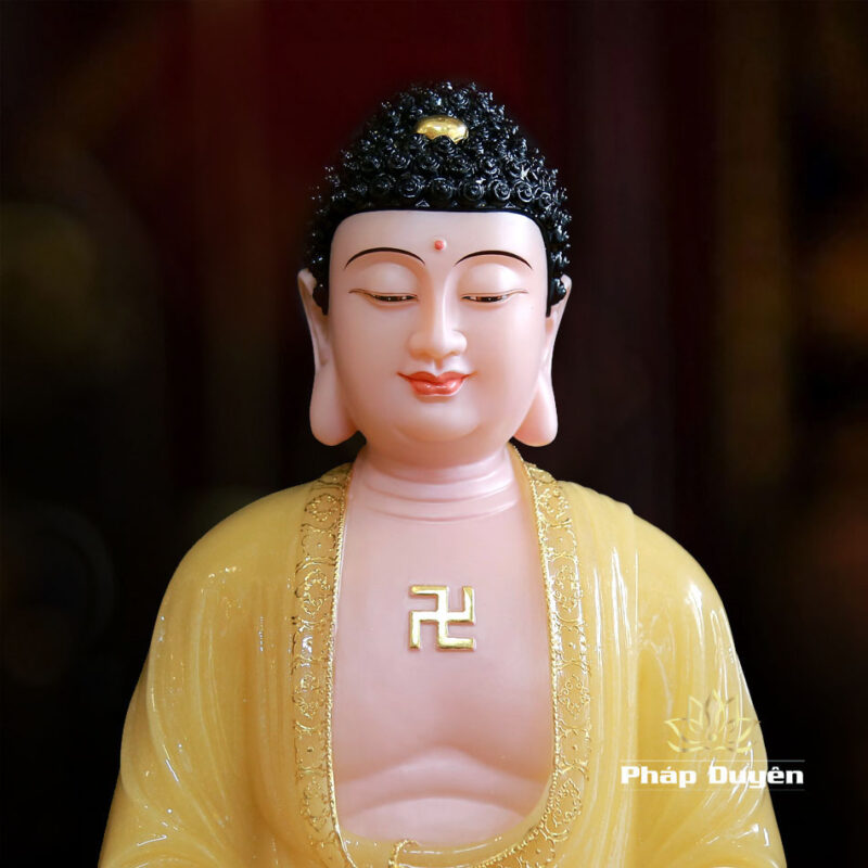 Bộ Tượng Tây Phương Tam Thánh Ngồi Đài Sen Bằng Bột Đá Thạch Anh Viền Vàng, Cao 48cm - Ảnh 4