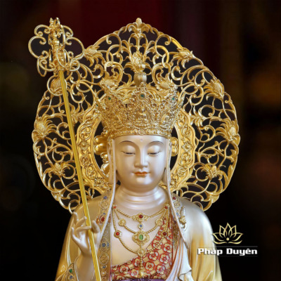 Alternative view of Tượng Địa Tạng Bồ Tát, Chất Liệu Đồng Sơn Men Cổ, Cao 66cm (Tổng Lá Đề 80cm)