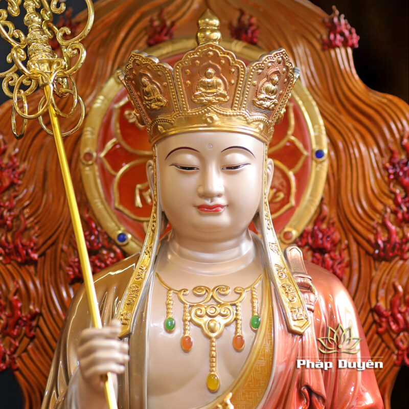 Tượng Địa Tạng Bồ Tát Ngồi Đế Sen Non Nước Vẽ Sơn Cao Cấp, Có Lọng Che, Bằng Đồng, Cao 48cm (Cao Đến Lá 72cm) - Ảnh 2