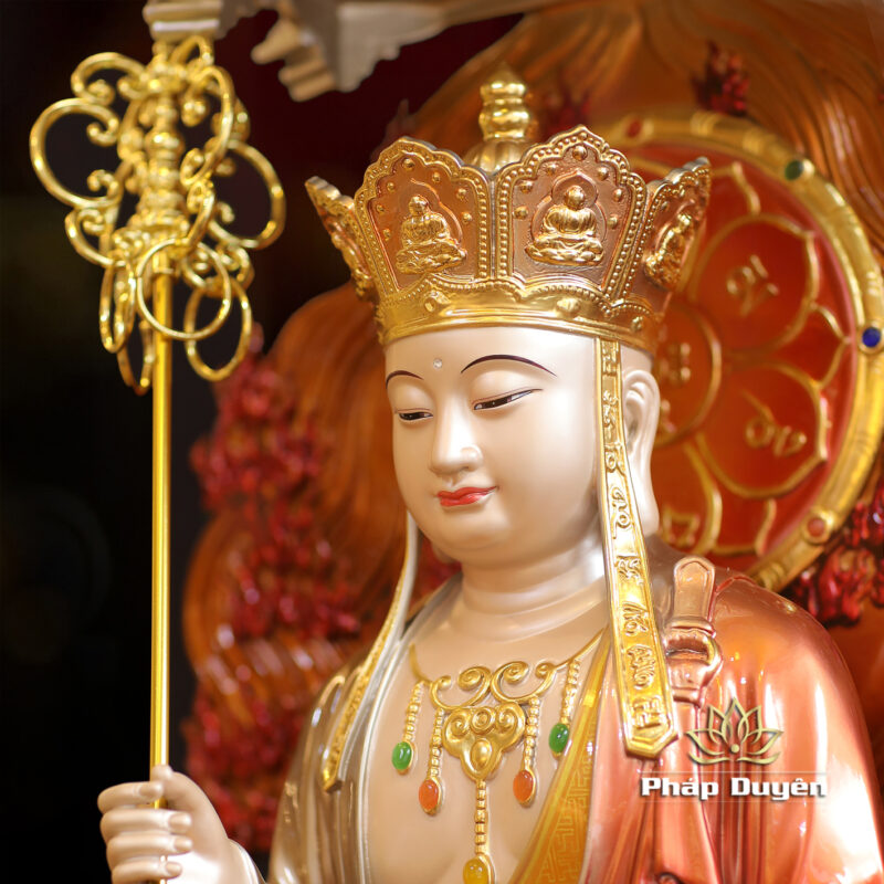 Tượng Địa Tạng Bồ Tát Ngồi Đế Sen Non Nước Vẽ Sơn Cao Cấp, Có Lọng Che, Bằng Đồng, Cao 48cm (Cao Đến Lá 72cm) - Ảnh 3