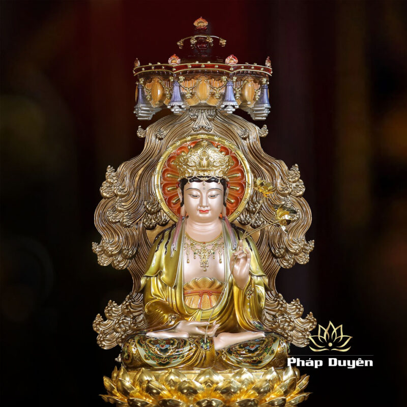 Bộ Tượng Tây Phương Tam Thánh Ngồi Non Nước, Bằng Đồng, Có Lọng Che, Cao 40cm (Tổng Lá Đề 58cm) - Ảnh 15